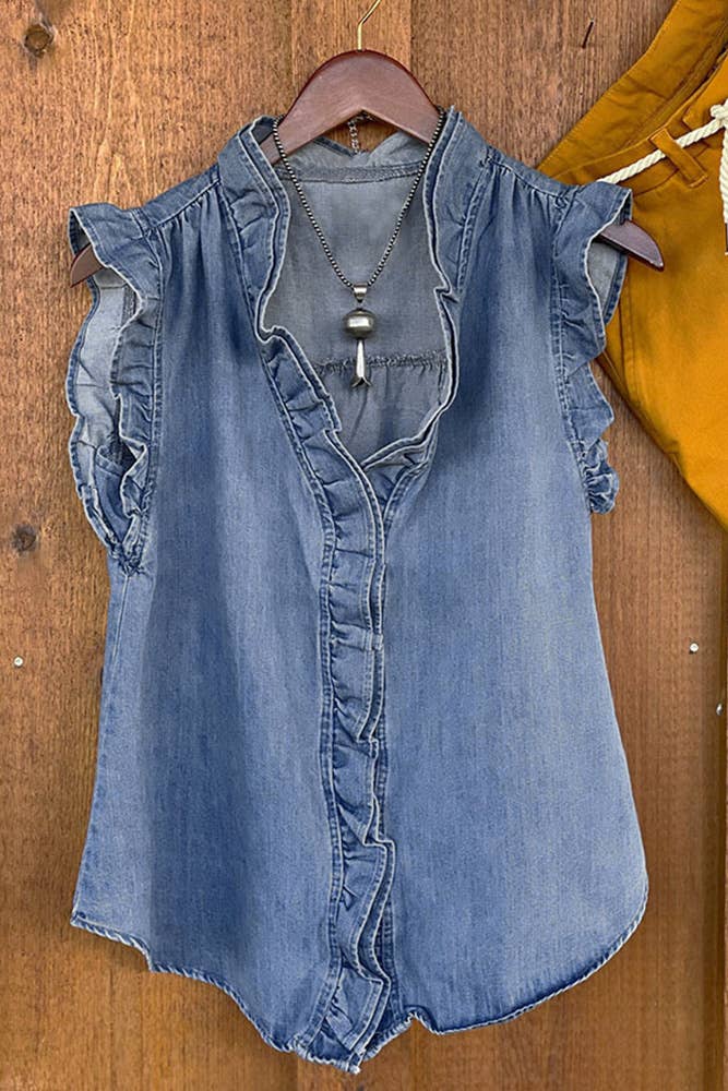 Blue Sleeveless Washed Denim Tank Top (S-2X)