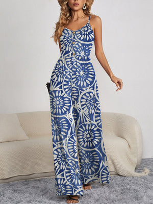 Decorative Button Spaghetti Strap Wide Leg Jumpsuit