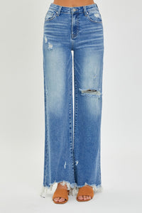 RISEN Full Size High Rise Frayed Hem Wide Leg Jeans