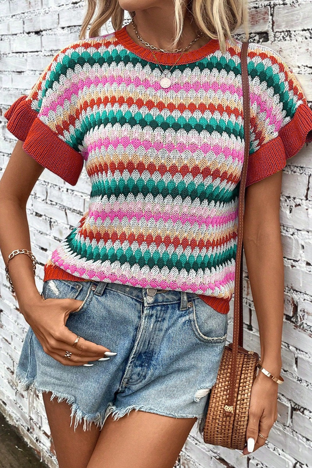 Striped Short Sleeve Sweater (S-XL)