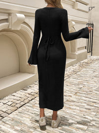 Devine Tied Round Neck Long Sleeve Midi Dress