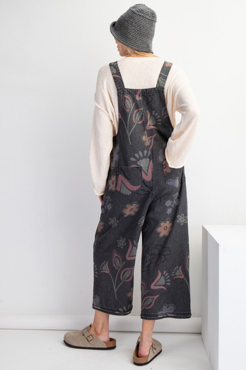 Floral black denim Overalls (S-M-L)