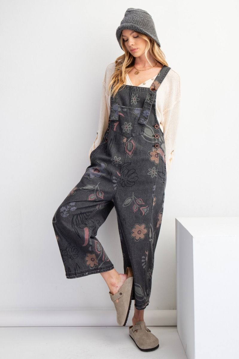 Floral black denim Overalls (S-M-L)