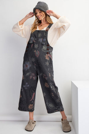 Floral black denim Overalls (S-M-L)