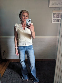 Embroidered Patchwork Knit Ruffle Sweater Tank  (S-XL)